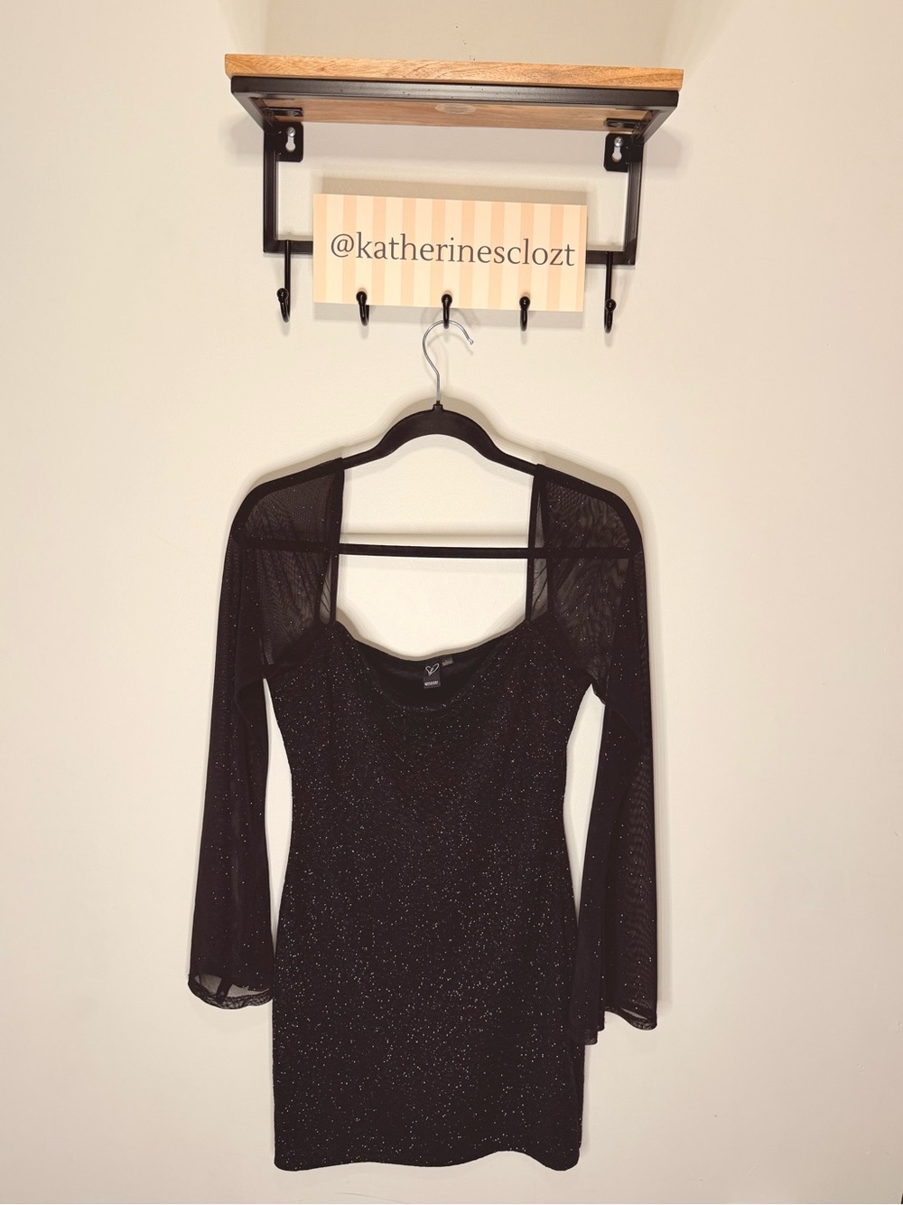 Windsor Black Glitter Midi Dress with Sheer Sleeves